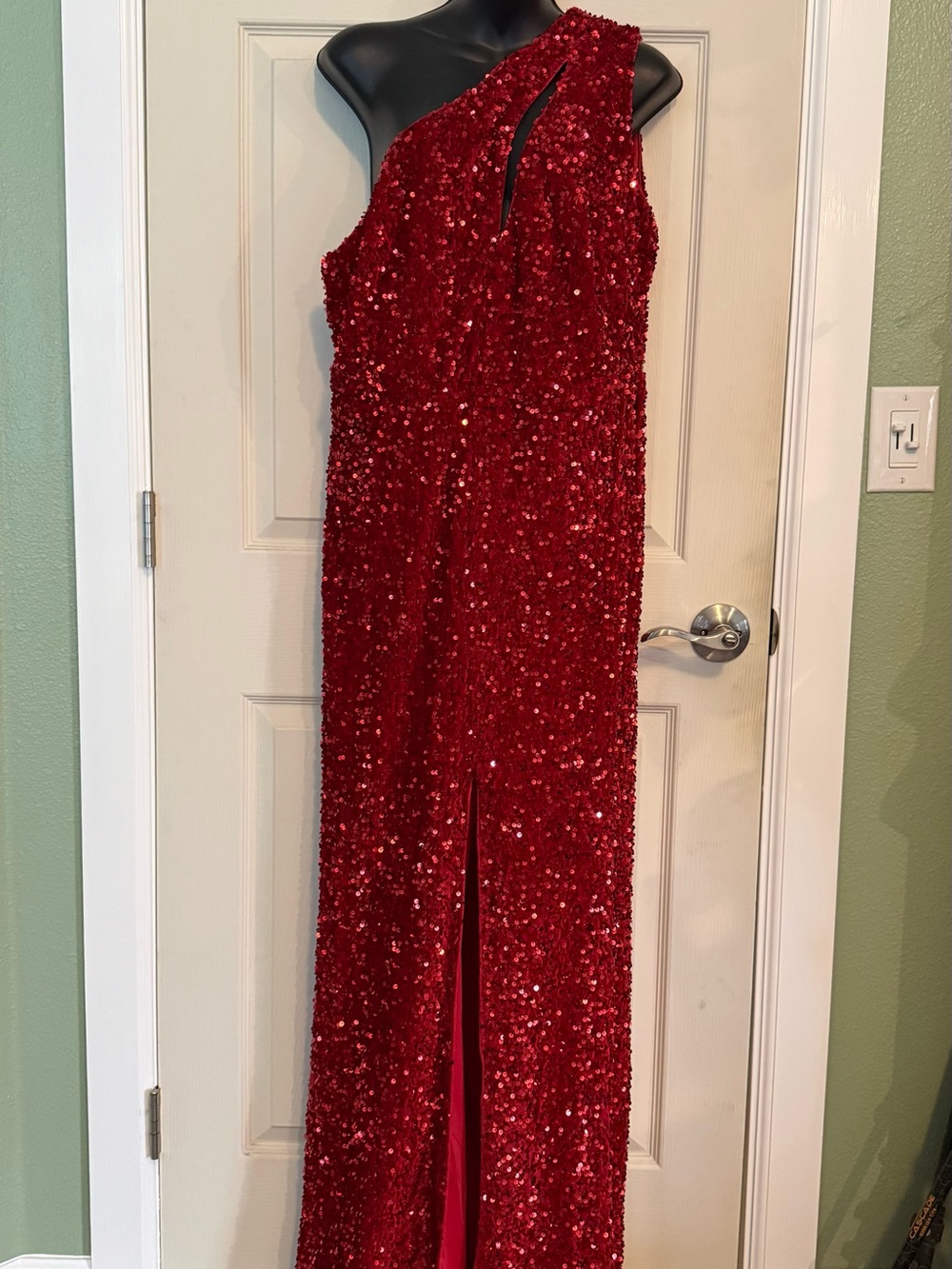 Red Velvet & Sequin One-Shoulder Dress